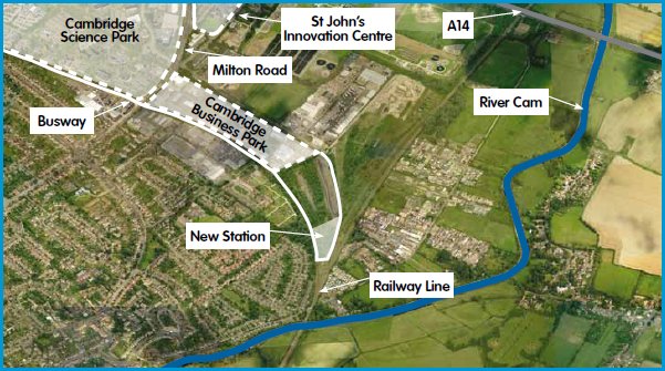 Cambridge Science Park station aerial view